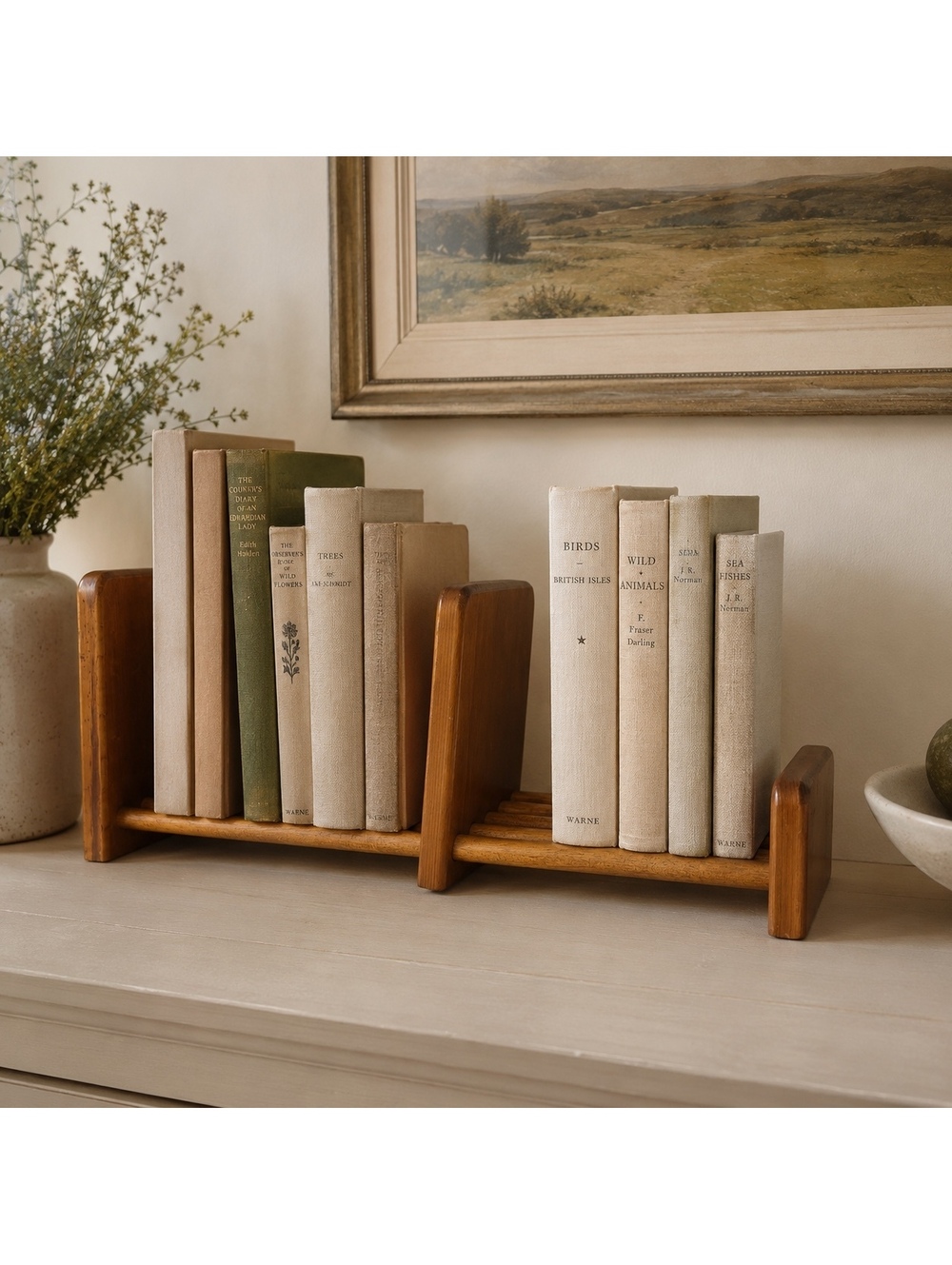 Vintage Adjustable Wooden Book Rack Sliding Bookends Mid Century Desk Organizer